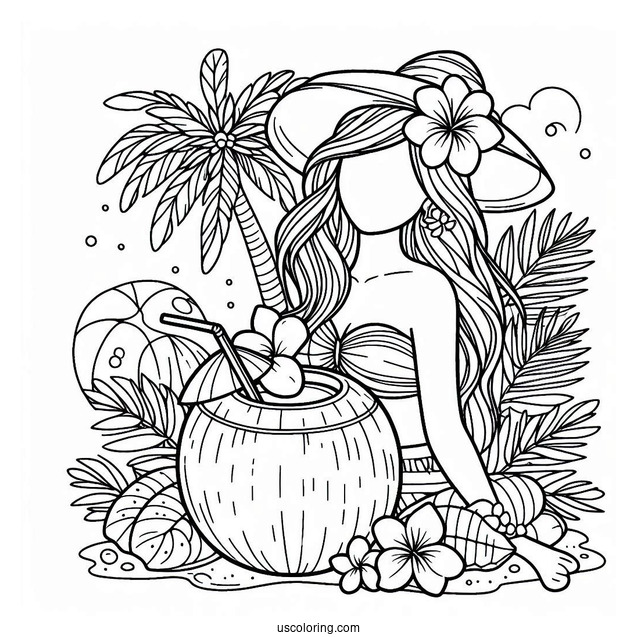 Summer Coloring Page Of Easy Coconut Drink With A Flower For Kids