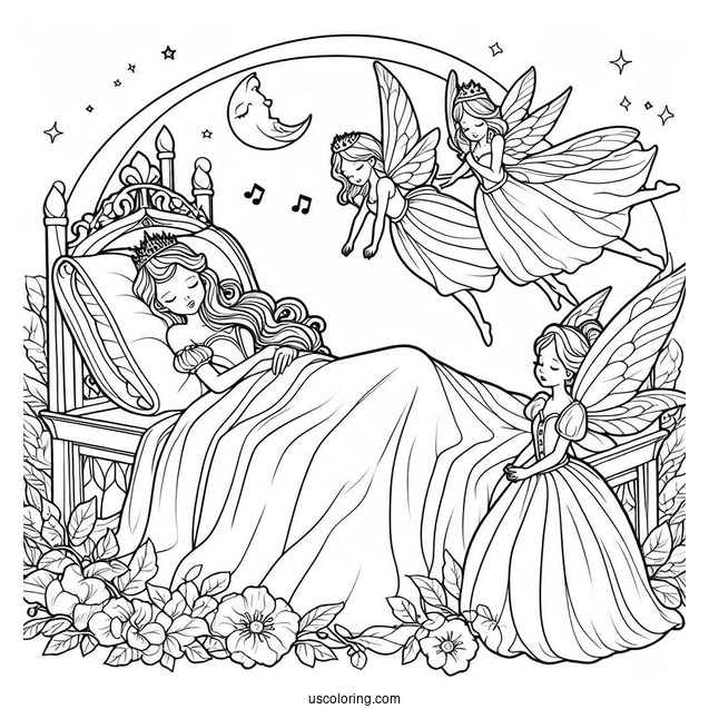 Sleeping Beauty With The Three Fairies Coloring Page