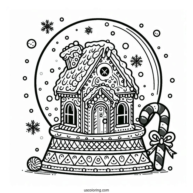 Fancy Gingerbread House With Candy Cane Snow Globe Coloring Page