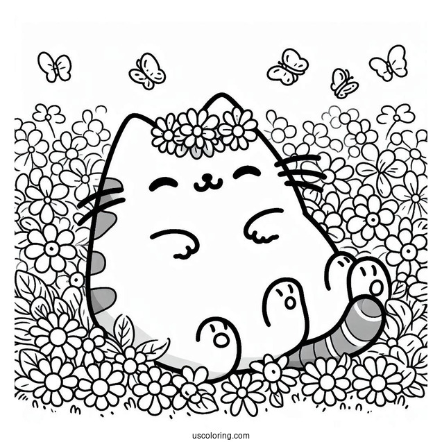 Pusheen Lying In Field With Flowers To Color