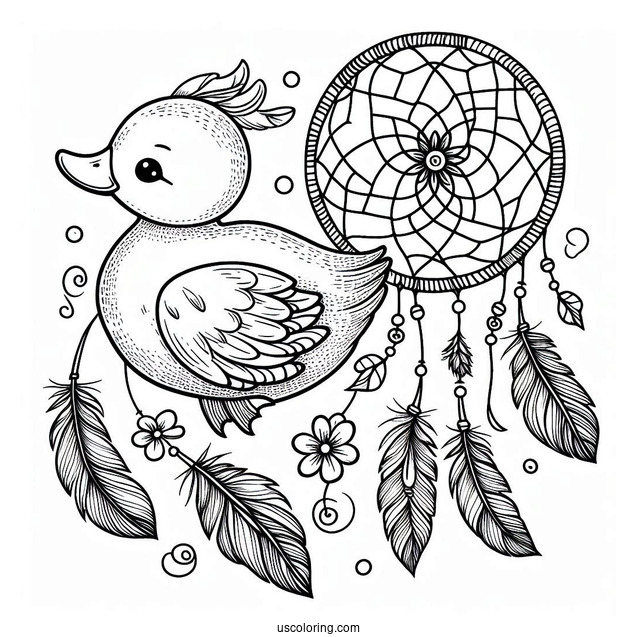 Duck Dreamcatcher with Feathers and Flowers Coloring Sheet