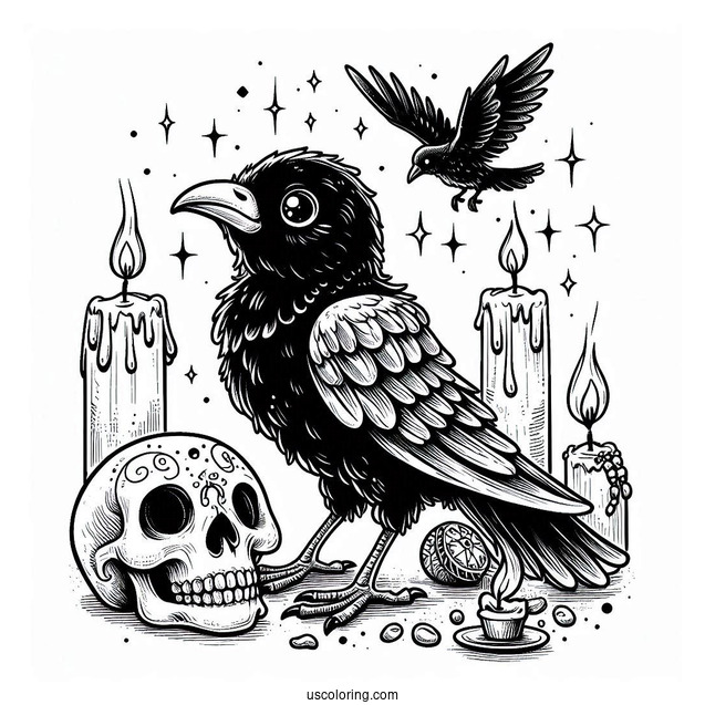 Baby Raven Coloring Page Standing On A Skull With Candles And Magic Spell Book