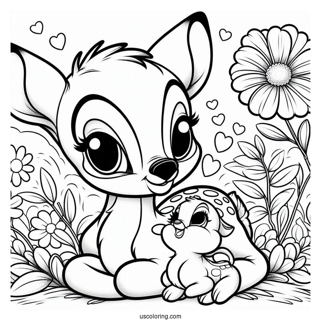 Coloring Sheet Of Bambi With Thumper And Flower