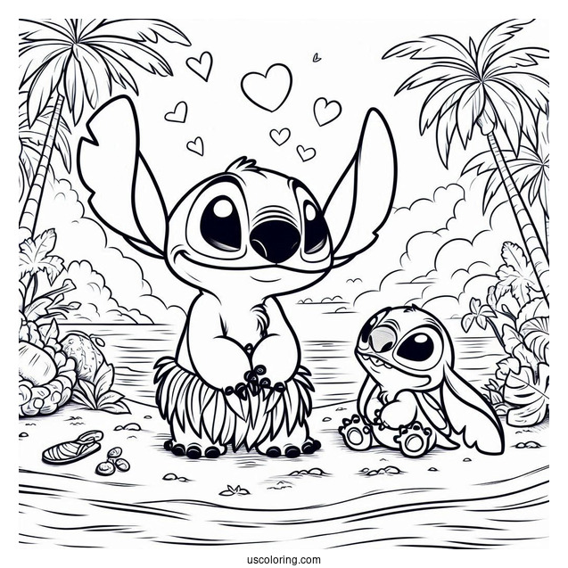 Coloring Page Of Lilo And Stitch On Beach With Jumba And Pleakley