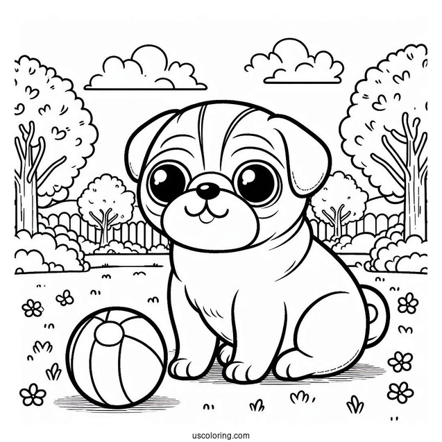 Cute Pug Coloring Page and Ball in the Park For Kids