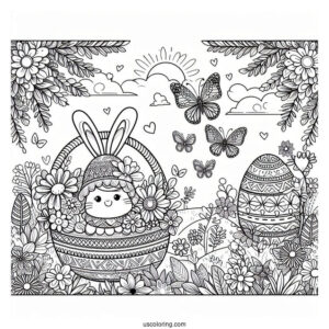 Happy Easter Coloring Page In Garden With Butterflies For Kids