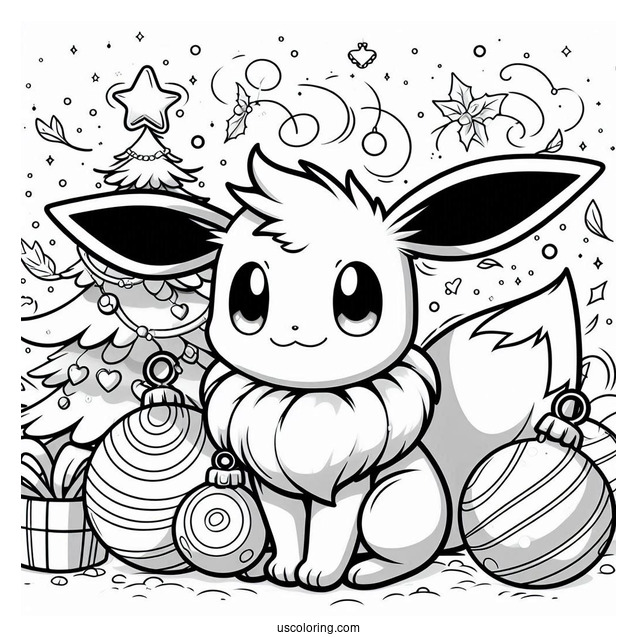 Pokemon Christmas Coloring Page Cute Eevee With Baubles In The Background Pokemon Christmas