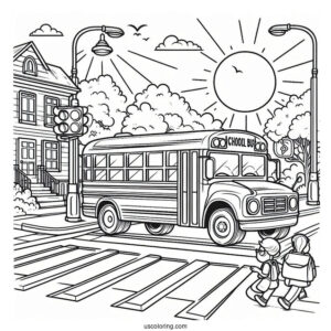 School Bus Coloring Page Waiting For Kids To Cross The Street
