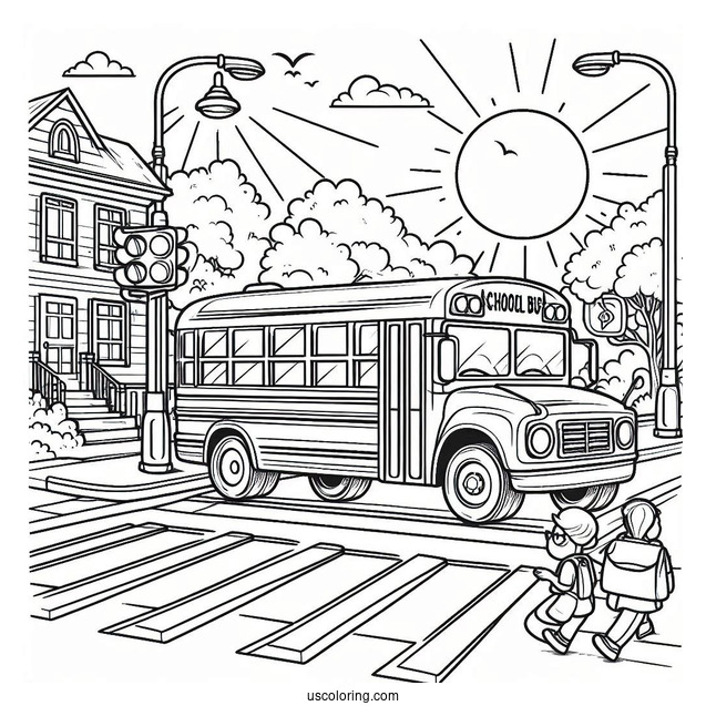 School Bus Coloring Page Waiting For Kids To Cross The Street