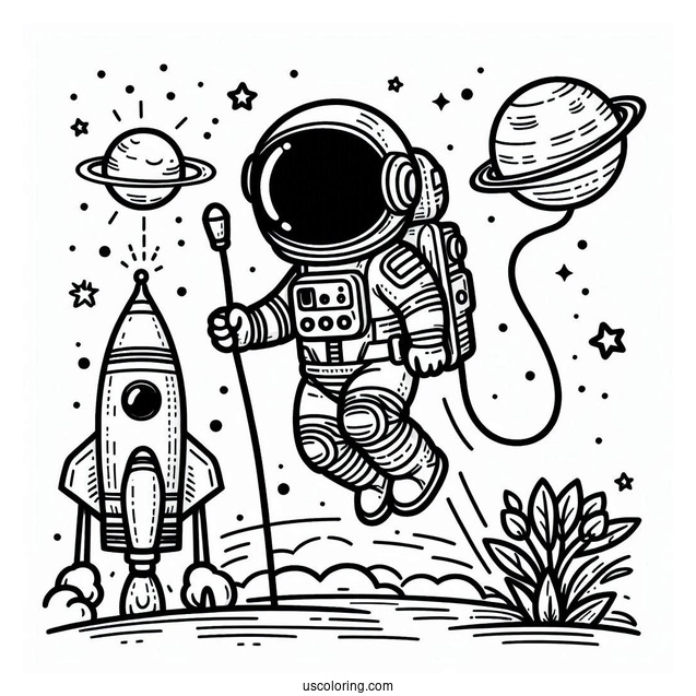 Astronaut Doing Space Walk With Rocket To Color