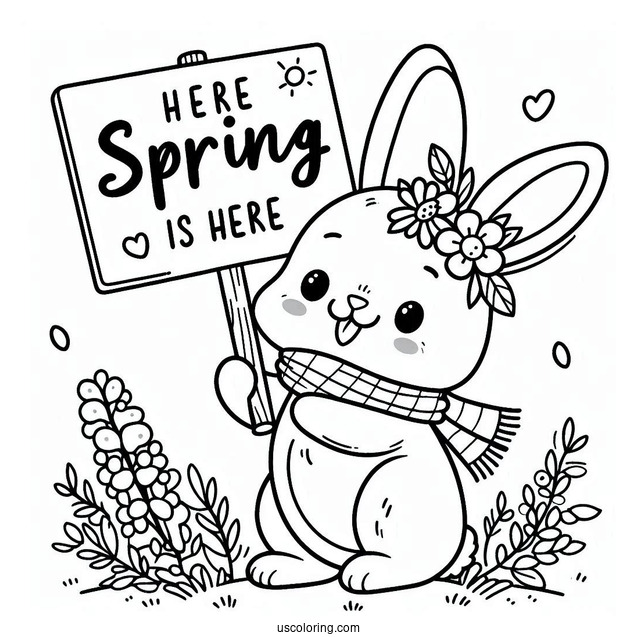 Rabbit Holding A Spring Is Here Sign Coloring Sheet