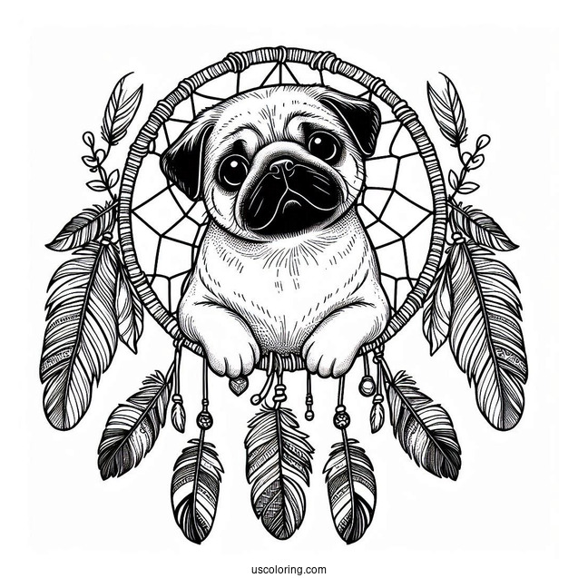 Pug Coloring Page Dreamcatcher with Feathers and Bones