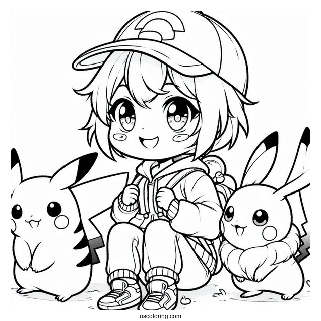 Cute Coloring Page Pokemon Trainer With Pikachu And Eevee