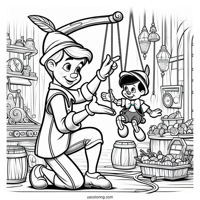 Figaro Playing With Puppet Pinocchio Coloring Page In Workshop