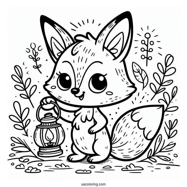 Cartoon Fox Coloring Page Holding A Lamp By The Mouth For Kids