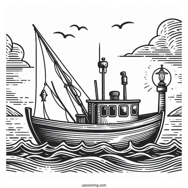 Large Fishing Coloring Page Boat In The Middle Of The Sea