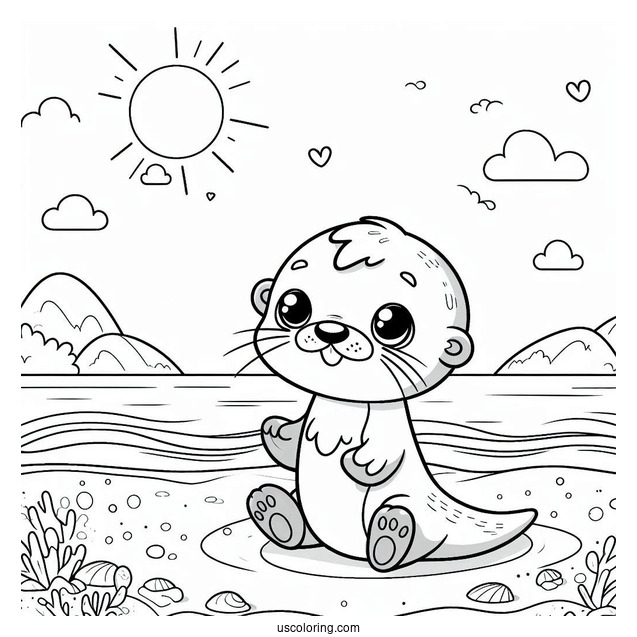 Cute Cartoon Otter Coloring Page On The Beach For Preschoolers