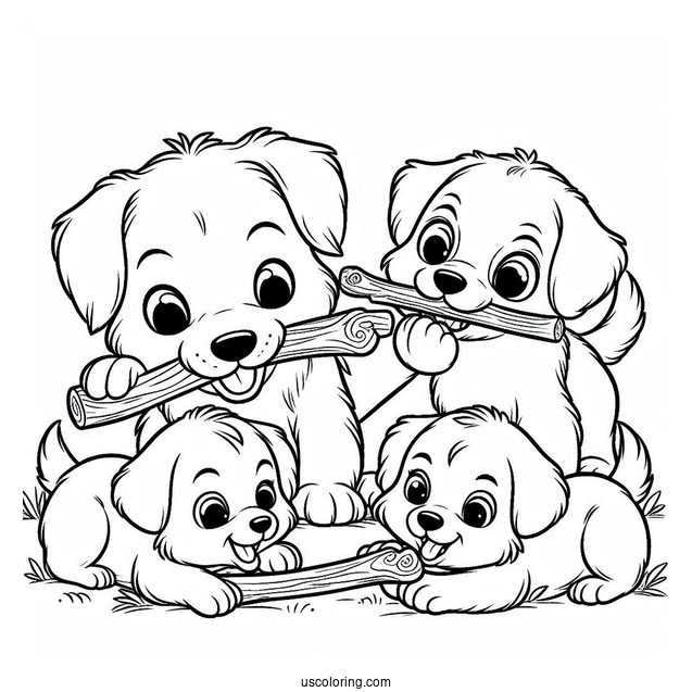 Three Dogs Playing With Large Stick