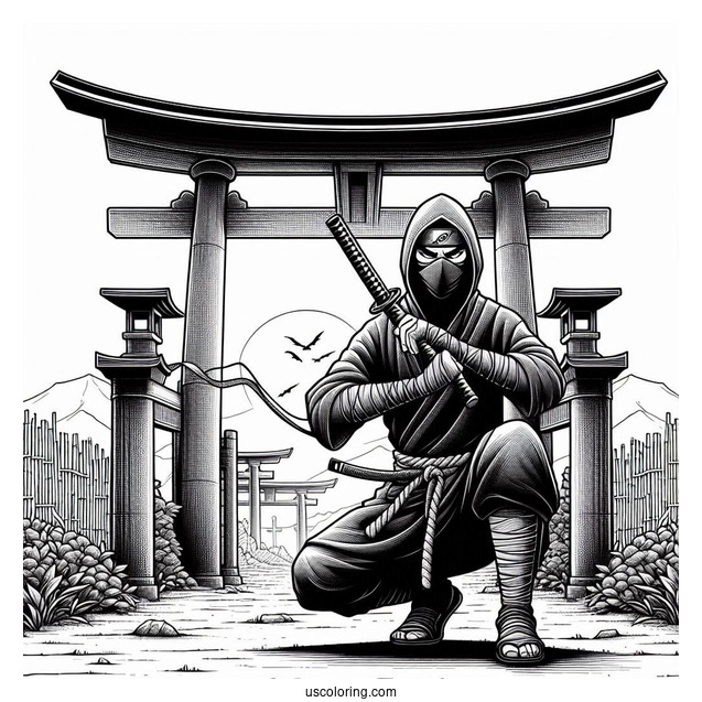 Realistic Ninja In Front Of A Torii Coloring Page