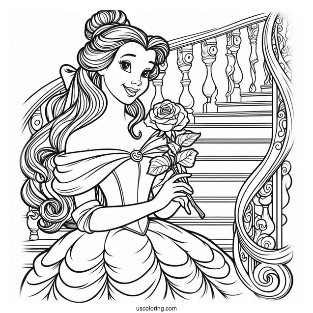 Princess Coloring Page Of Belle Holding Rose On Staircase