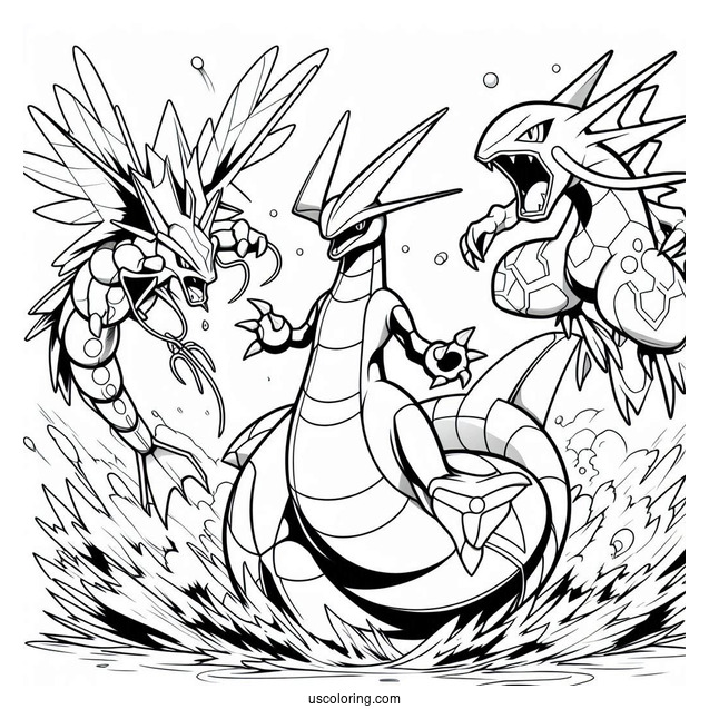Kyogre Fighting With Groudon And Rayquaza Coloring Page