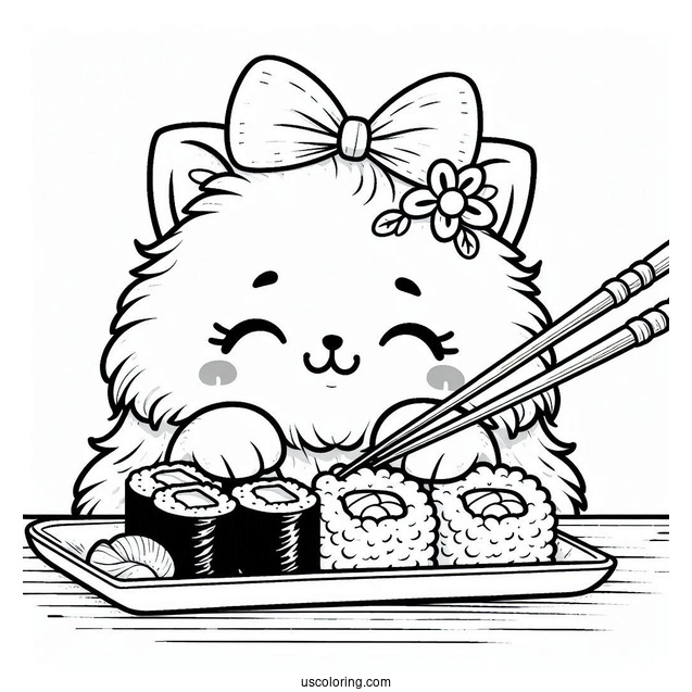 Fluffy Cat Eating Sushi Coloring Pages With Chopsticks For Kids