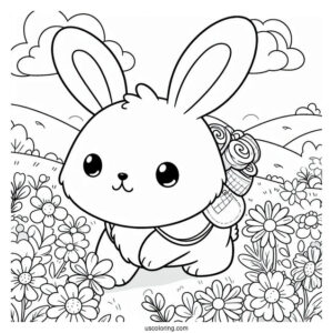 Cute Coloring Page Rabbit Hiking On A Flower Field