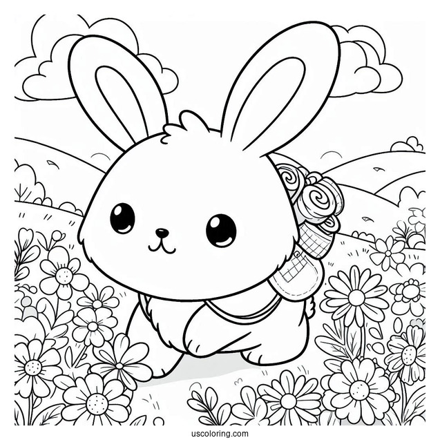 Cute Coloring Page Rabbit Hiking On A Flower Field