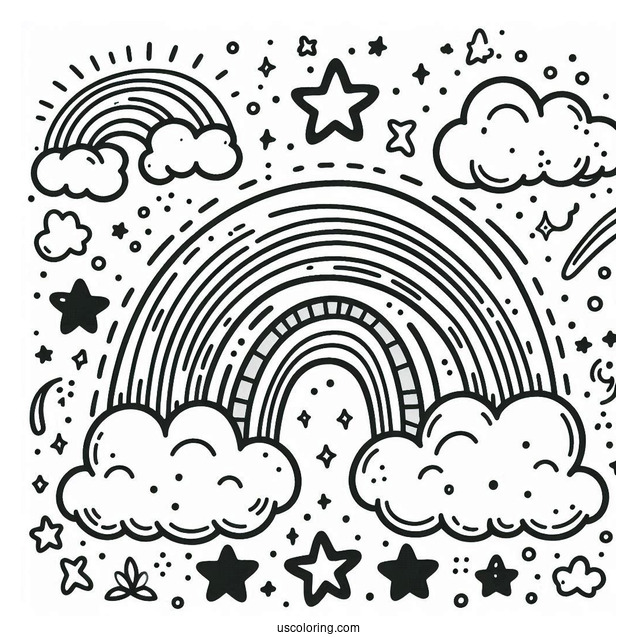 Coloring Page Of a Rainbow With Clouds And Stars