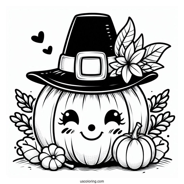 Thanksgiving Pumpkin Coloring Page Wearing Pilgrim Hat