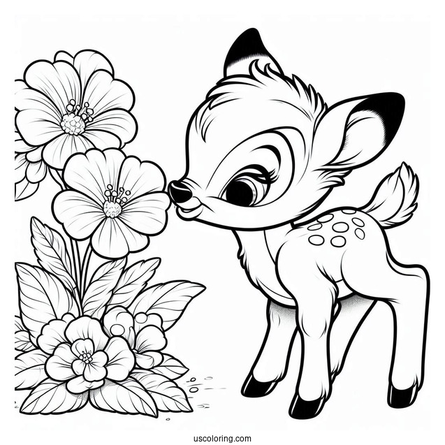 Coloring Sheet Of Bambi With Thumper And Flower