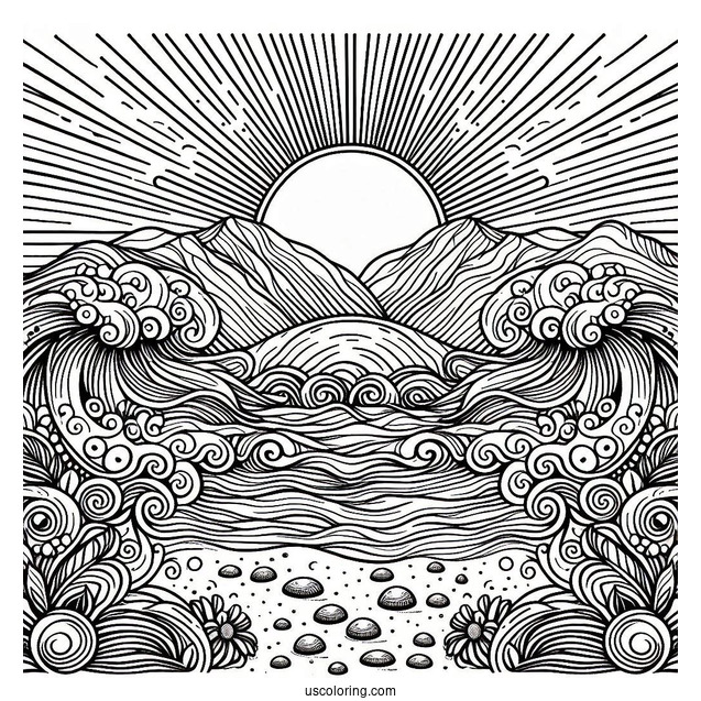 Beach Coloring Page Mandala With Large Waves