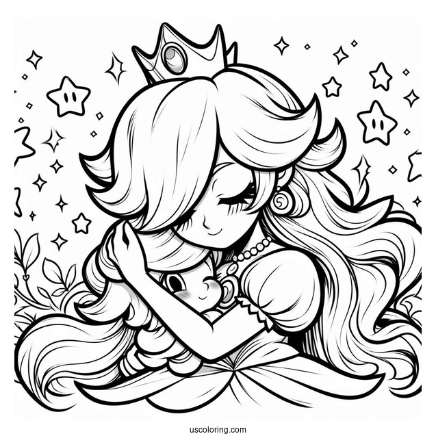 Princess Peach Hugging Princess Rosalina Coloring Page