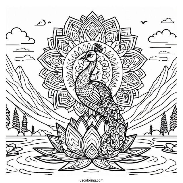 Mandala Peacock Coloring Page Standing on Lotus in Mountain Landscape