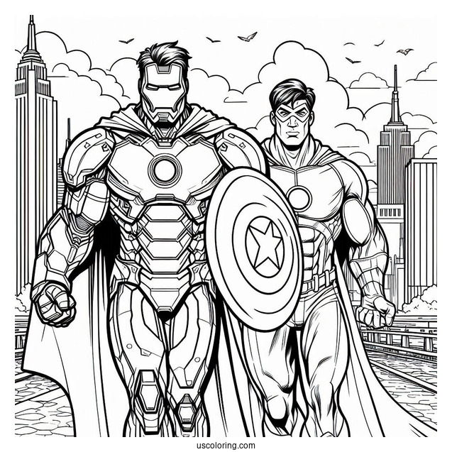 Iron Man Standing Beside Hulk Coloring Page In The City