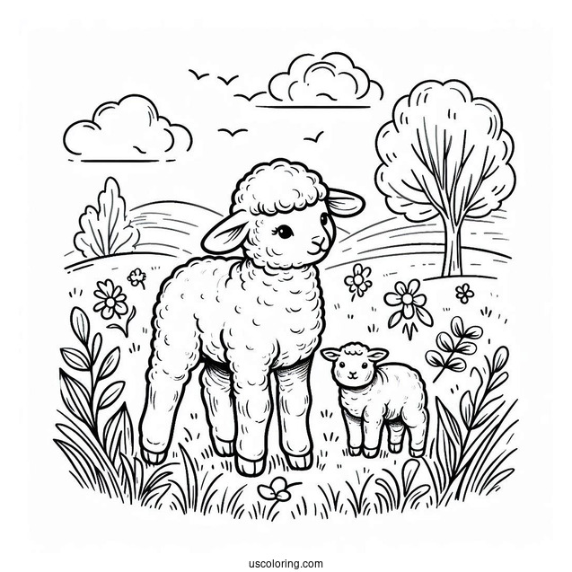 New Born Lamb Standing In Field Coloring