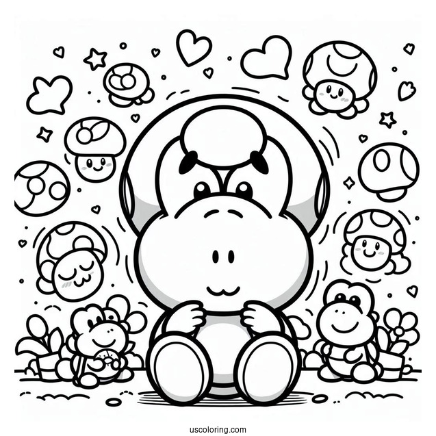 Yoshi And Shy Guy Coloring Page With Toads In The Background
