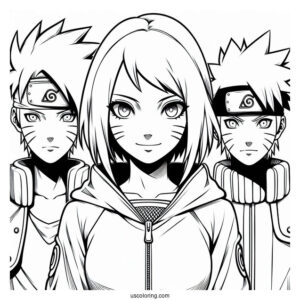 Kakashi Coloring Page Of Obito, Rin, Minato, And Young Naruto For Kids