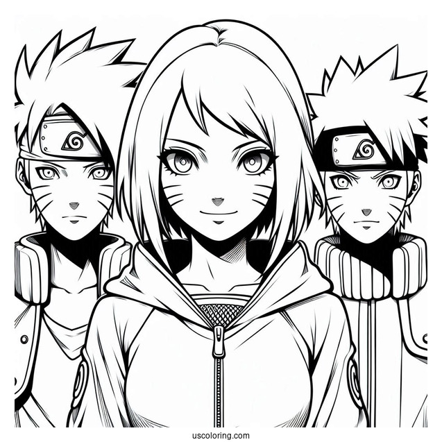 Kakashi Coloring Page Of Obito, Rin, Minato, And Young Naruto For Kids