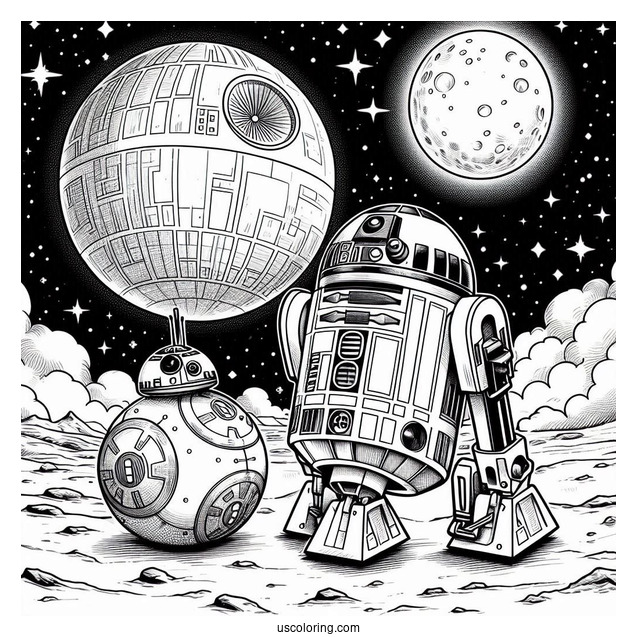 R2-D2 Coloring Page With Wall E On The Moon For Kids