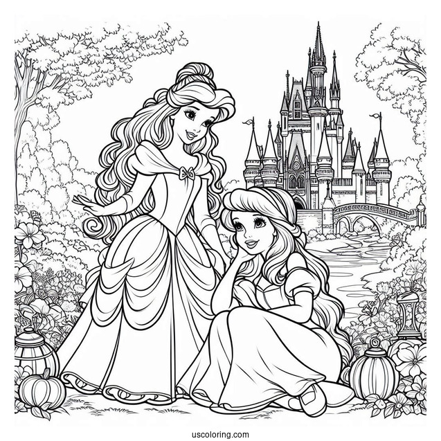 Belle And Cinderella In The Castle Garden Coloring Page