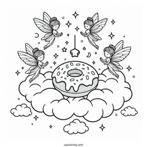 Fairies Surrounding A Donut Coloring Page In The Clouds