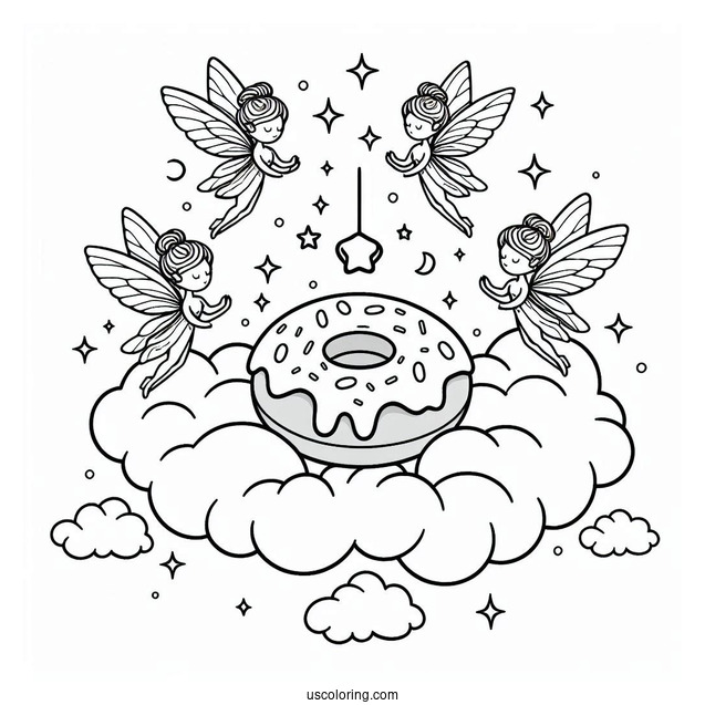 Fairies Surrounding A Donut Coloring Page In The Clouds