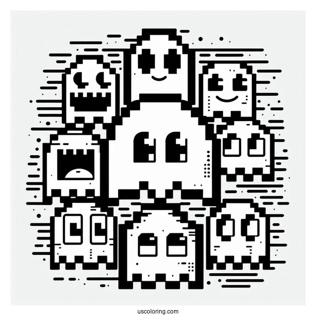 Retro Pixelated Pac-Man Coloring Page Ghosts