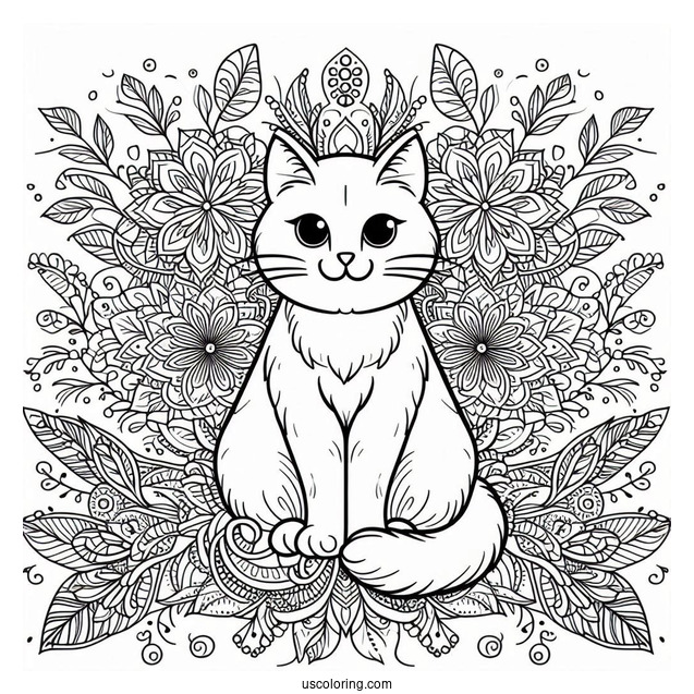 Cat-Shaped Floral Mandala Coloring Page