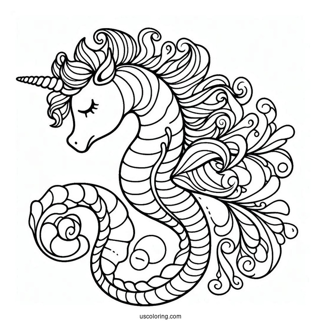 Coloring Page Of a Unicorn Seahorse