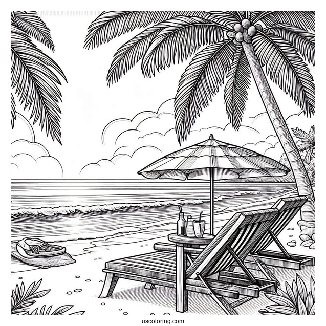 Beach Chairs Under A Palm Tree Facing The Sea