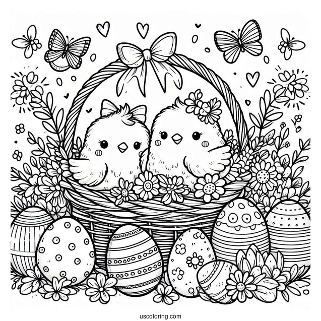 Happy Easter Coloring Page With Chicks And Eggs In Basket