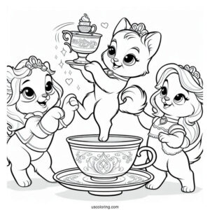 Palace Pets Coloring Page Of Teacup Performing Tricks For Belle And The Villagers