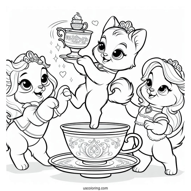 Palace Pets Coloring Page Of Teacup Performing Tricks For Belle And The Villagers